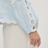 100% Linen Heavy-Embroidered Lace Splicing Side Cutouts Elasticated Cuffs Blouse