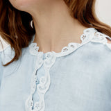 100% Linen Heavy-Embroidered Lace Splicing Side Cutouts Elasticated Cuffs Blouse