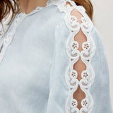 100% Linen Heavy-Embroidered Lace Splicing Side Cutouts Elasticated Cuffs Blouse