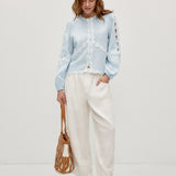 100% Linen Heavy-Embroidered Lace Splicing Side Cutouts Elasticated Cuffs Blouse