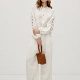 100% Linen Heavy-Embroidered Lace Splicing Side Cutouts Elasticated Cuffs Blouse