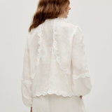 100% Linen Heavy-Embroidered Lace Splicing Side Cutouts Elasticated Cuffs Blouse