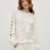 100% Linen Heavy-Embroidered Lace Splicing Side Cutouts Elasticated Cuffs Blouse