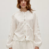 100% Linen Heavy-Embroidered Lace Splicing Side Cutouts Elasticated Cuffs Blouse