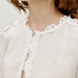 100% Linen Heavy-Embroidered Lace Splicing Side Cutouts Elasticated Cuffs Blouse