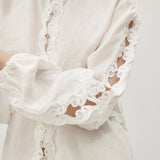 100% Linen Heavy-Embroidered Lace Splicing Side Cutouts Elasticated Cuffs Blouse