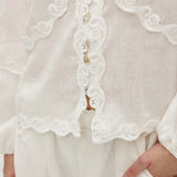 100% Linen Heavy-Embroidered Lace Splicing Side Cutouts Elasticated Cuffs Blouse