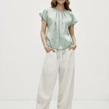 100% Linen Cap Sleeve Drawstring Hem Blouse