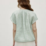 100% Linen Cap Sleeve Drawstring Hem Blouse