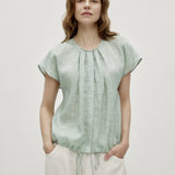 100% Linen Cap Sleeve Drawstring Hem Blouse
