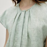 100% Linen Cap Sleeve Drawstring Hem Blouse