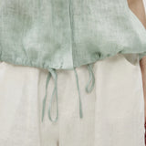 100% Linen Cap Sleeve Drawstring Hem Blouse