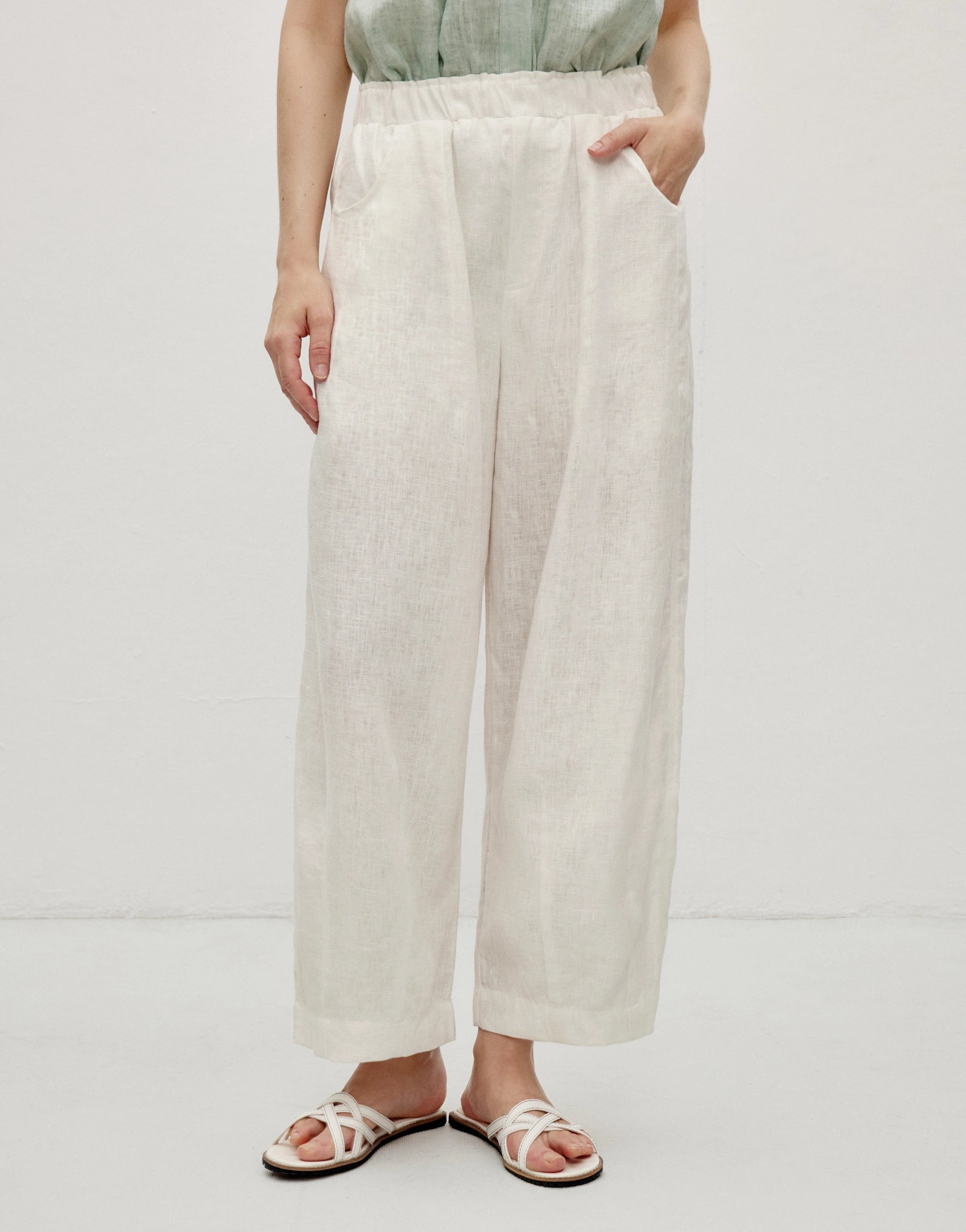 100% Linen Slant Pocket Elastic Waist Cropped Pants