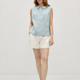 100% Linen Sleeveless Soft-Fold Collar Top