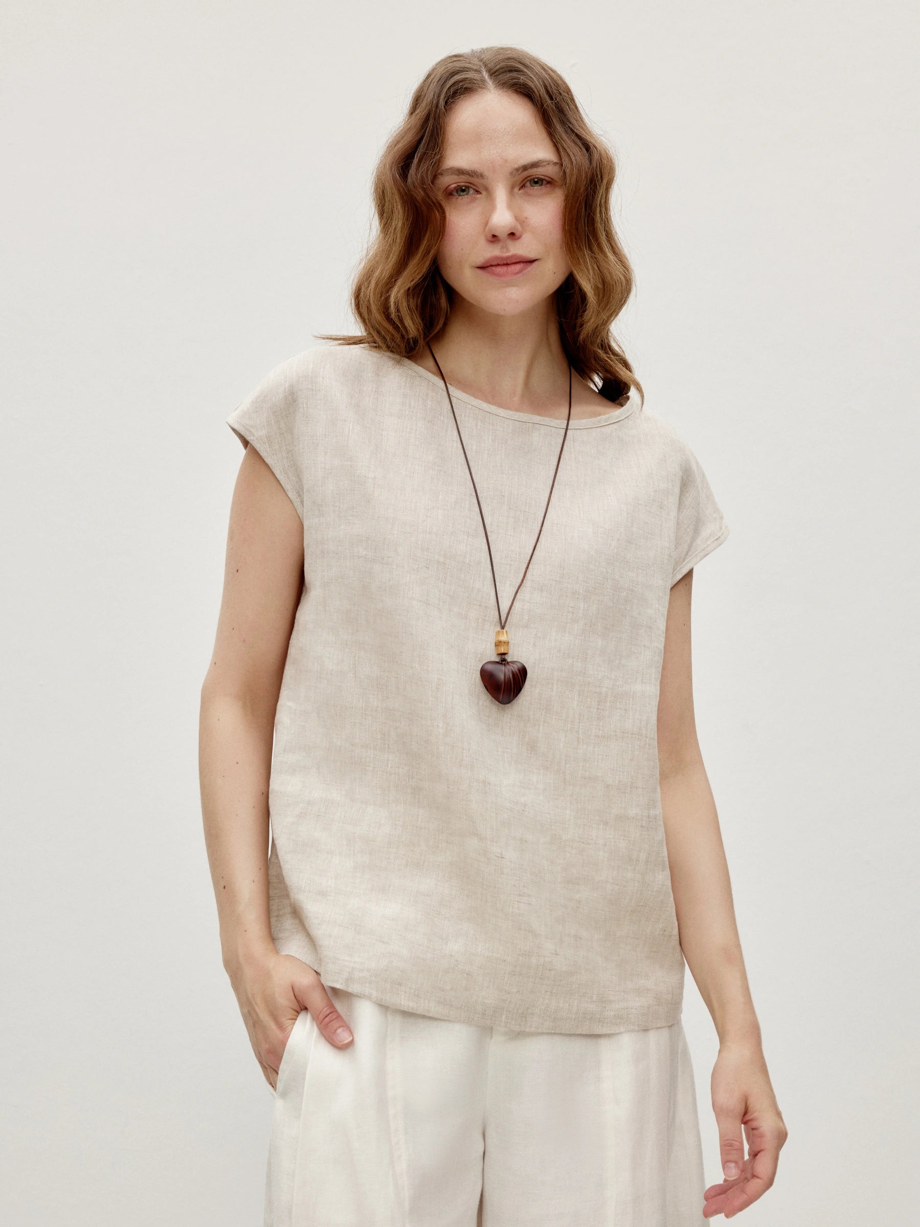 100% Linen Cap Sleeve Pullover Blouse