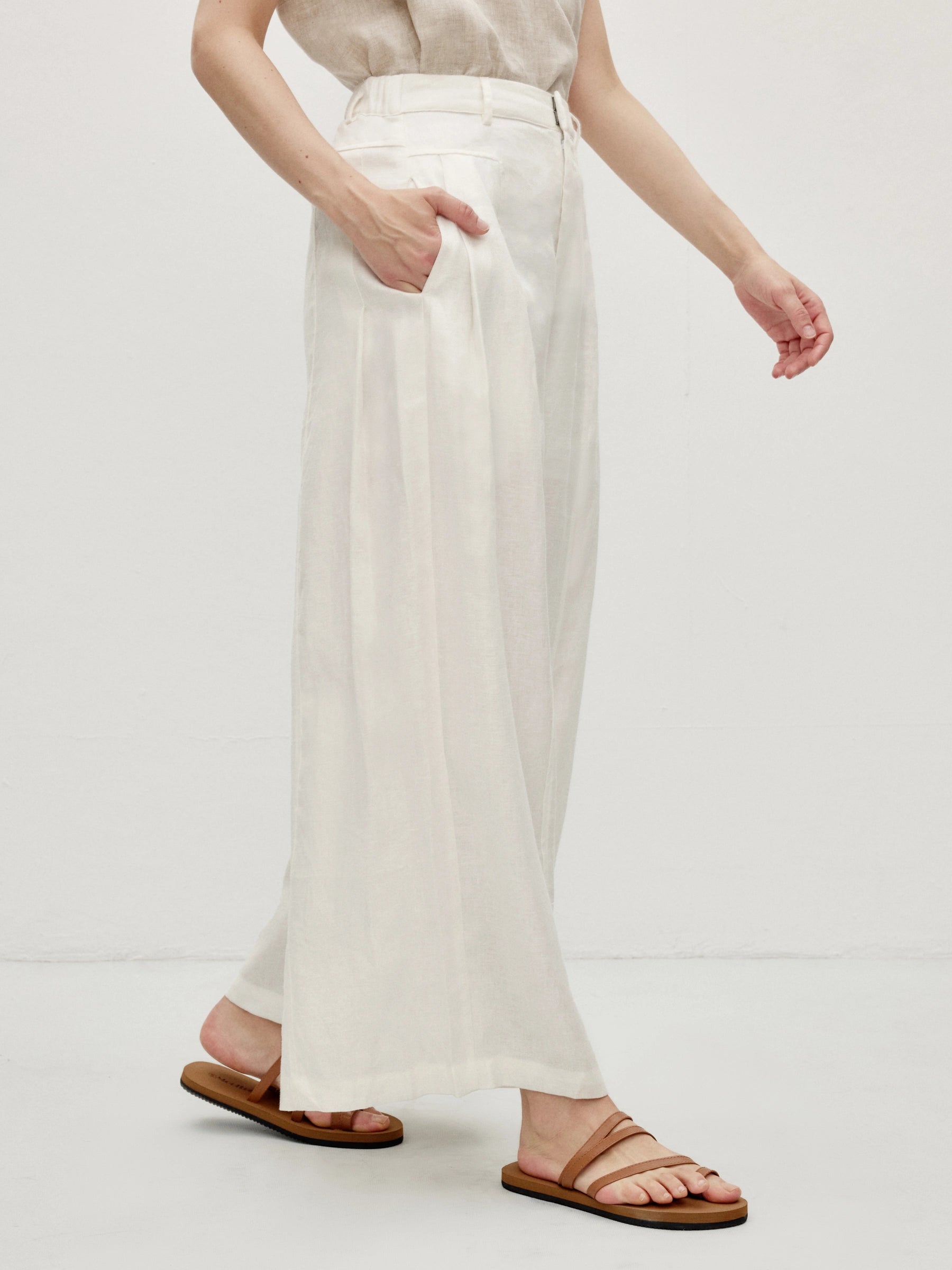 100% Linen Panel Detail Elastic Back Wide Leg Pants