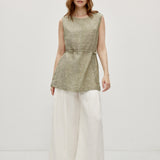 100% Linen Hand-Beaded Shell Neckline Sleeveless Tank Top with Waist Tie