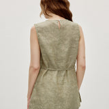 100% Linen Hand-Beaded Shell Neckline Sleeveless Tank Top with Waist Tie