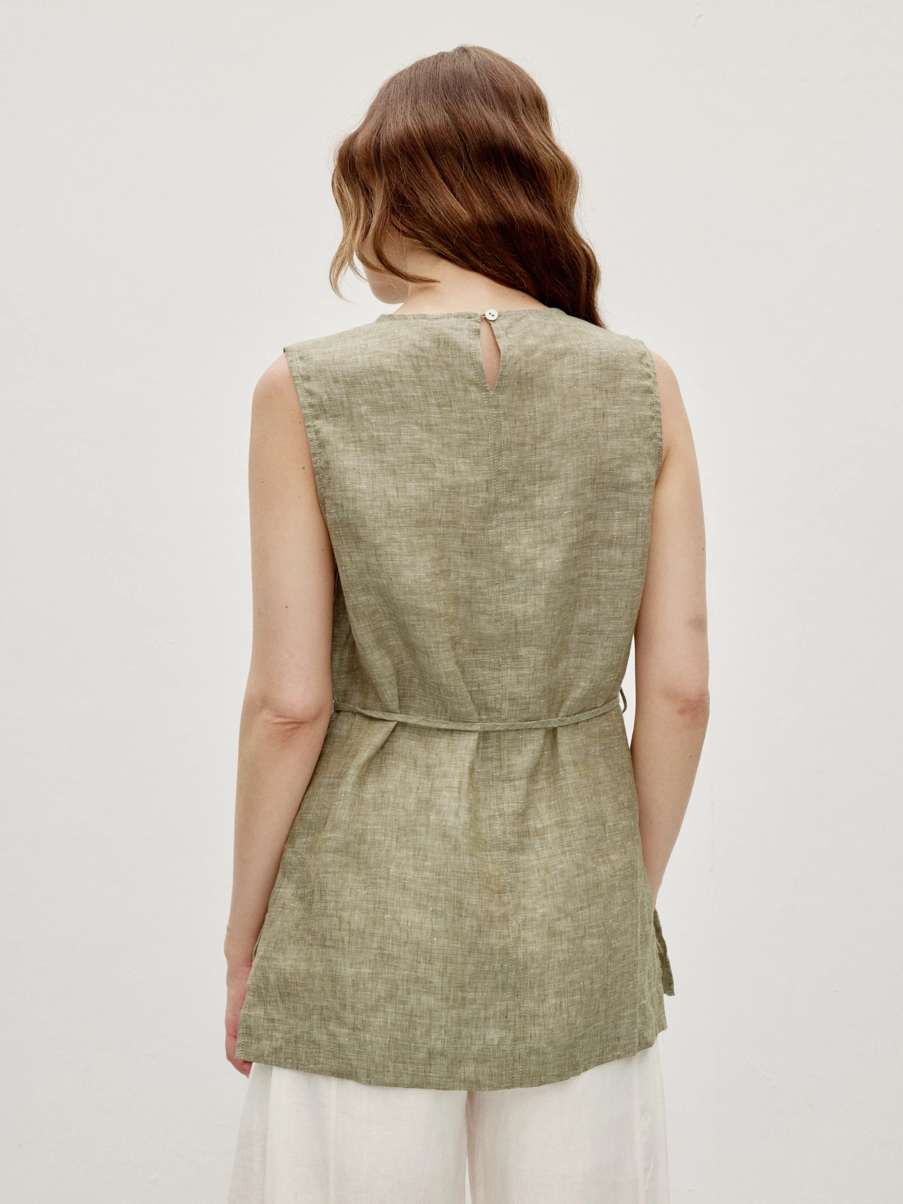 100% Linen Natural Shell-beaded Neckline Sleeveless Tank Top with Waist Rope