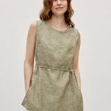 100% Linen Hand-Beaded Shell Neckline Sleeveless Tank Top with Waist Tie
