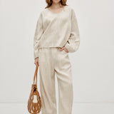 100% Linen Elasticated Cuffs Blouse & Cropped Pants Set