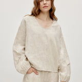 100% Linen U-Neck Elasticated Cuffs Pleated Long Sleeve Blouse