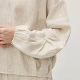 100% Linen U-Neck Elasticated Cuffs Pleated Long Sleeve Blouse