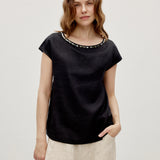 100% Linen Shell Bead Neckline Cap Sleeve Blouse