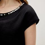 100% Linen Shell Bead Neckline Cap Sleeve Blouse