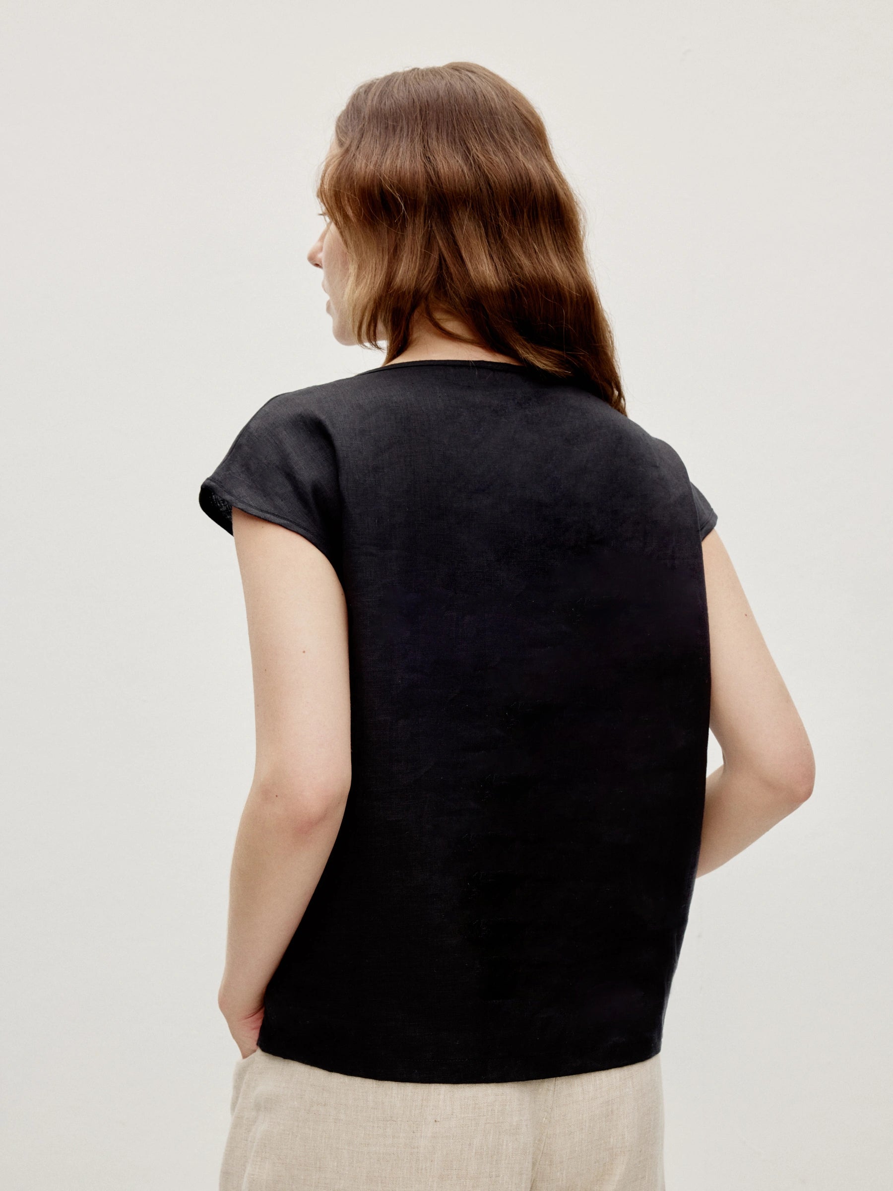 100% Linen Shell Bead Neckline Cap Sleeve Blouse