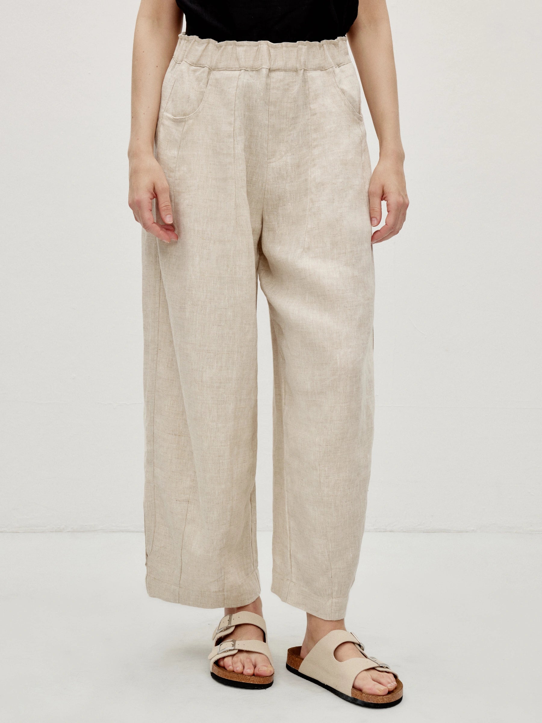 100% Linen Slant Pocket Elastic Waist Cropped Pants
