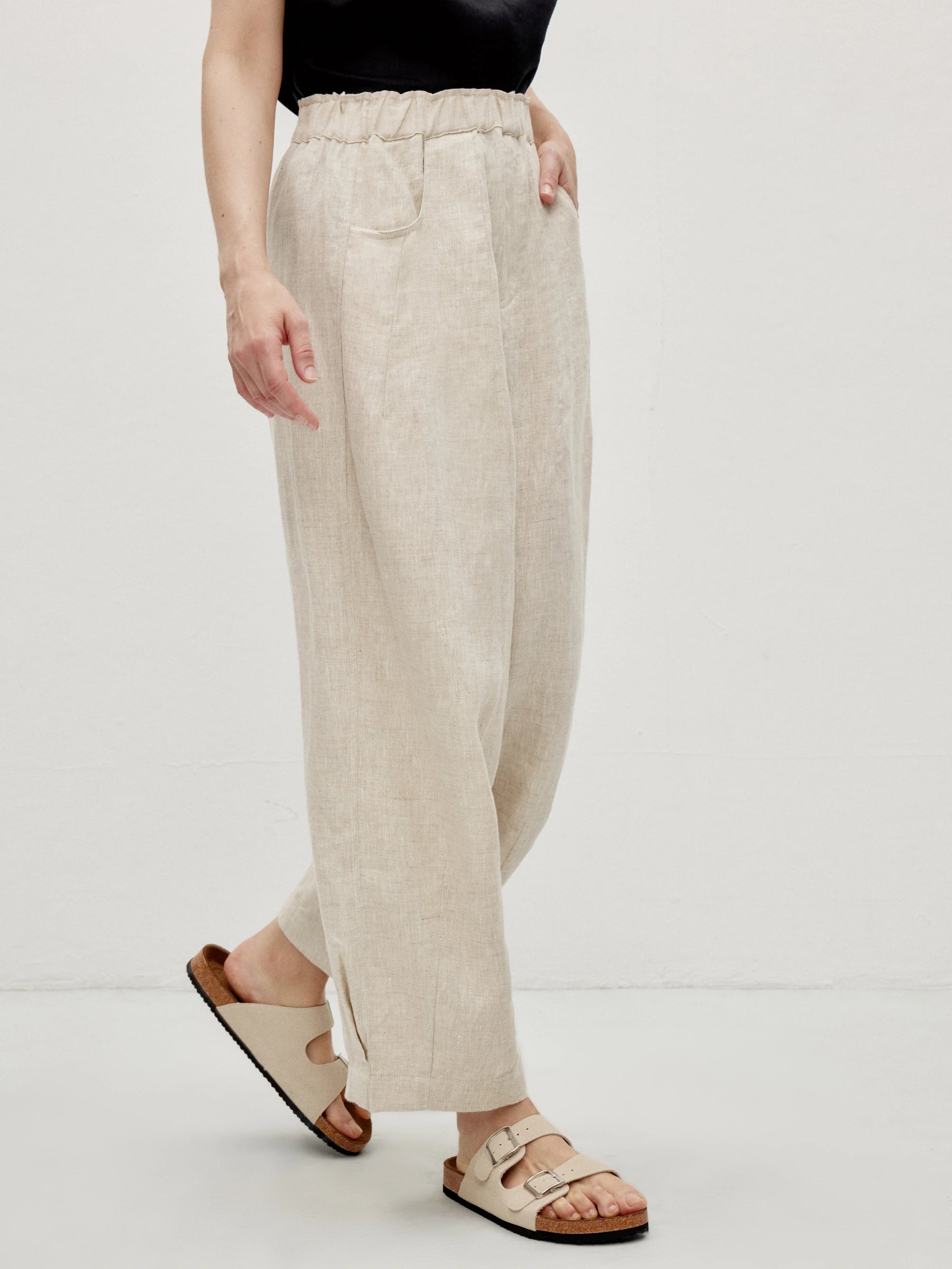 100% Linen Slant Pocket Elastic Waist Cropped Pants