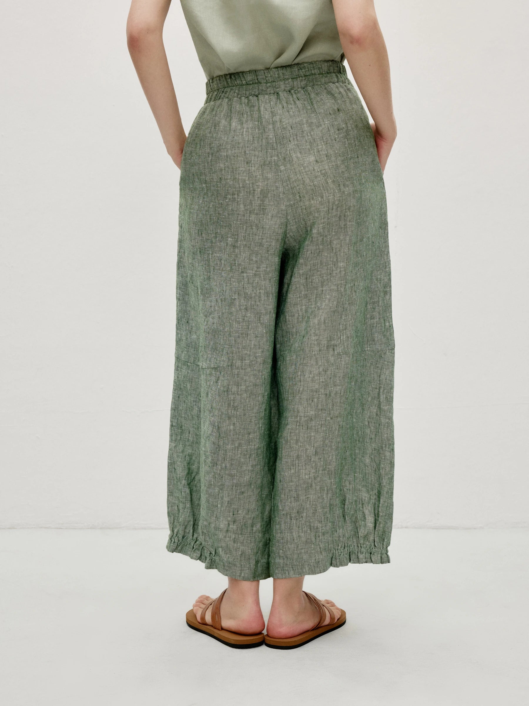 100% Elastic Trim Side Pocket Wide Leg Cropped Pants