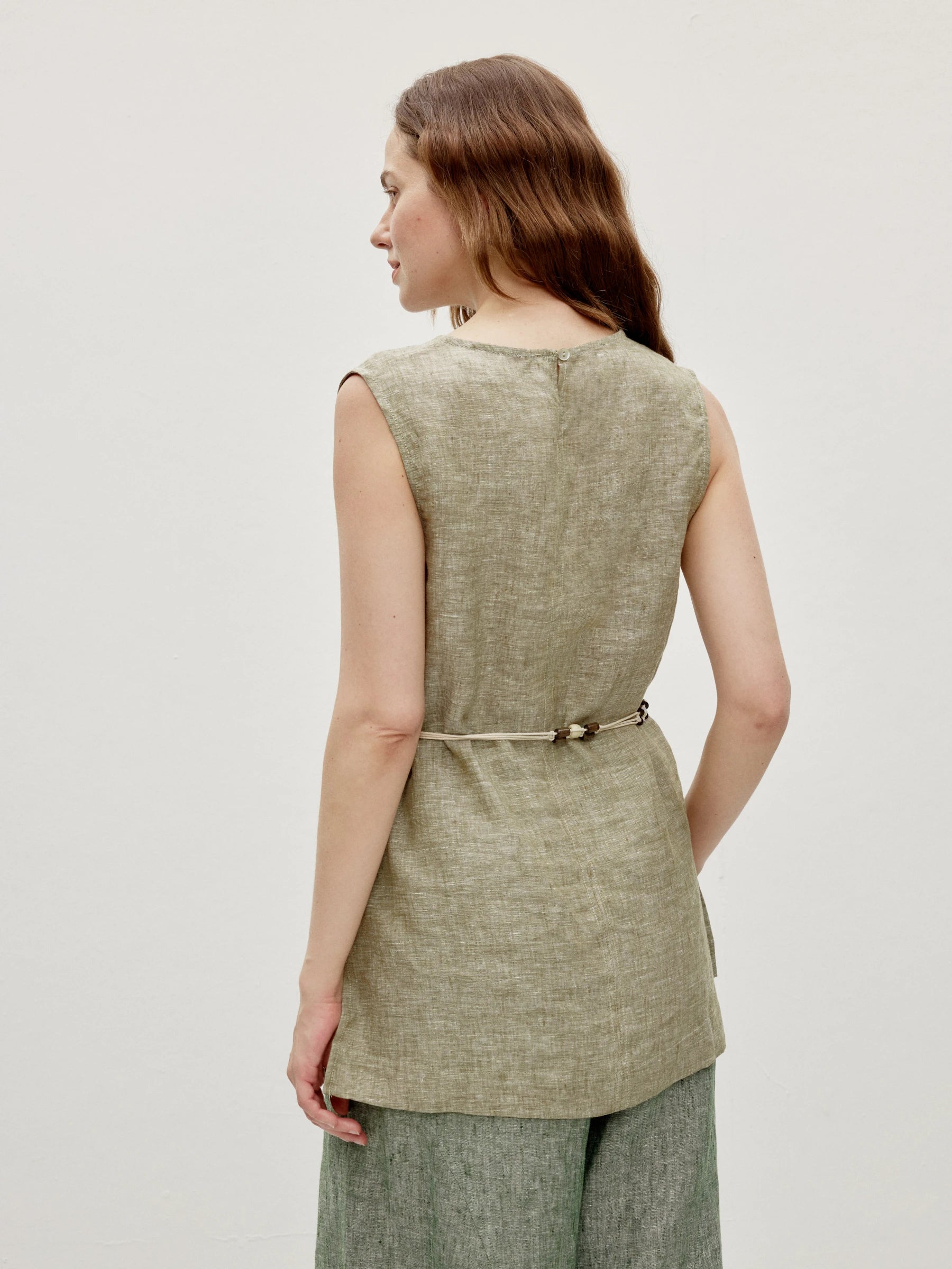 100% Linen Pullover Sleeveless Tank Top with Waist Rope