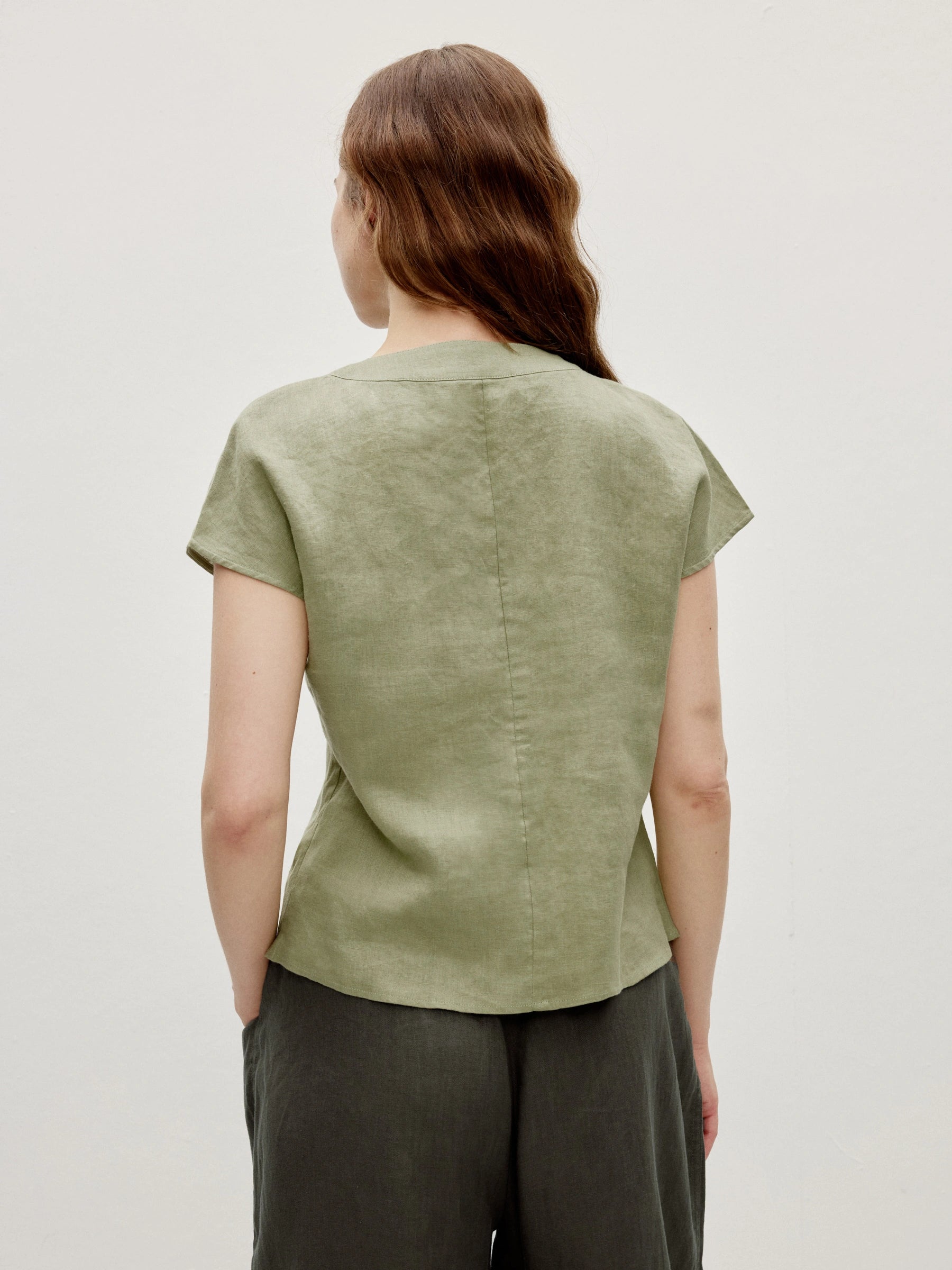 100% Linen Asymmetric Button Short Sleeve Blouse