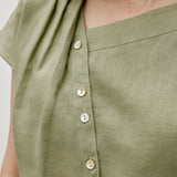 100% Linen Asymmetric Button Short Sleeve Blouse