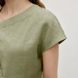 100% Linen Asymmetric Button Short Sleeve Blouse