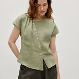 100% Linen Asymmetric Button Short Sleeve Blouse