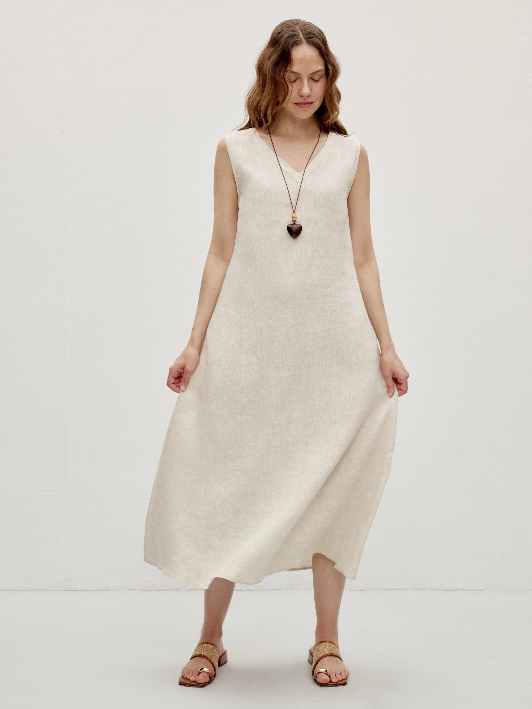 100% Linen V-neck Beach Sleeveless Dress