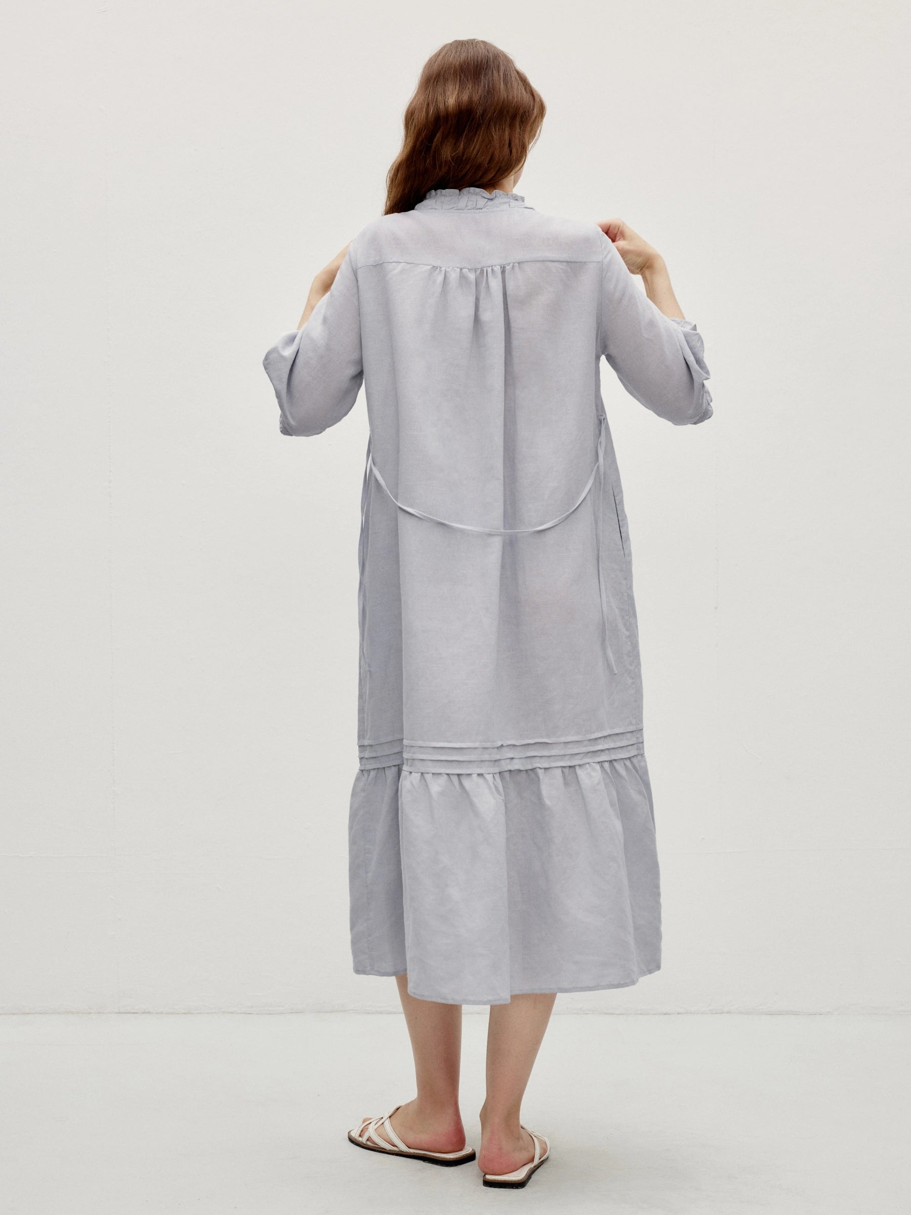 Linen Cotton Ruffle Trim Half Sleeve Layered Maxi Dress