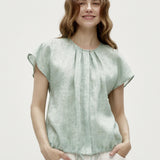 100% Linen Cap Sleeve Drawstring Hem Blouse