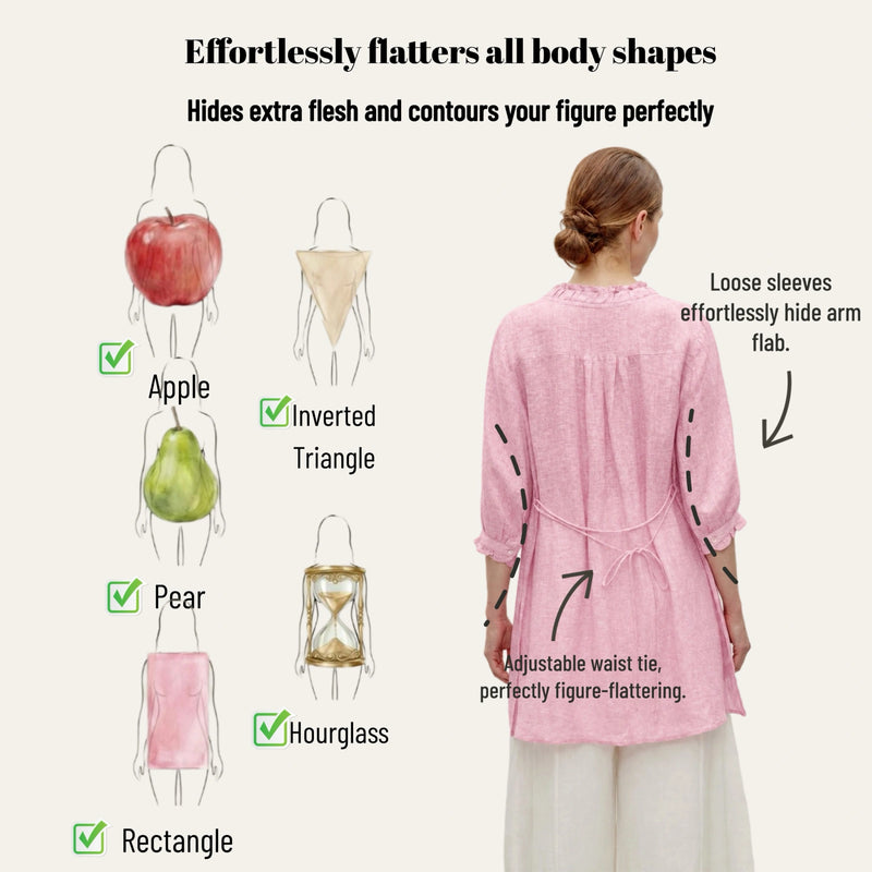100% Linen Ruffle Trim Half Sleeve Tunic Shirt
