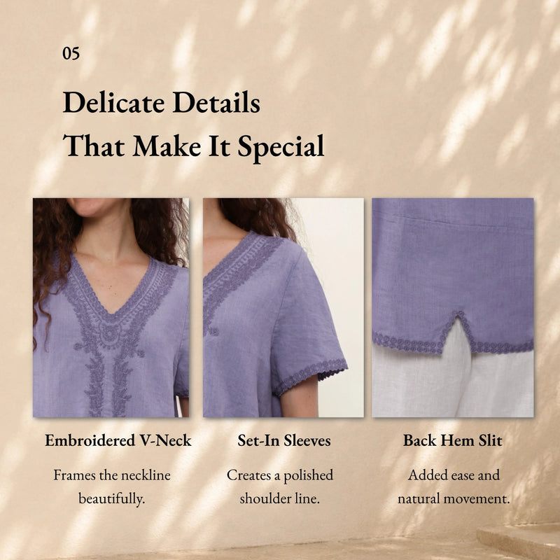 100% Linen V-Neck Embroidery Lace Trim Blouse