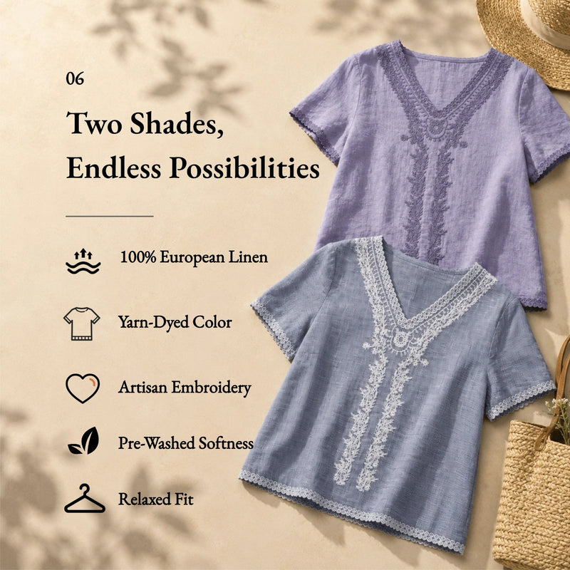 100% Linen V-Neck Embroidery Lace Trim Blouse