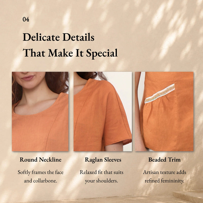 100% Linen Round Neck Beaded Woven Detail Short Sleeve Blouse