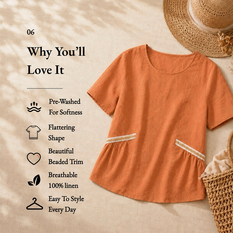 100% Linen Round Neck Beaded Woven Detail Short Sleeve Blouse