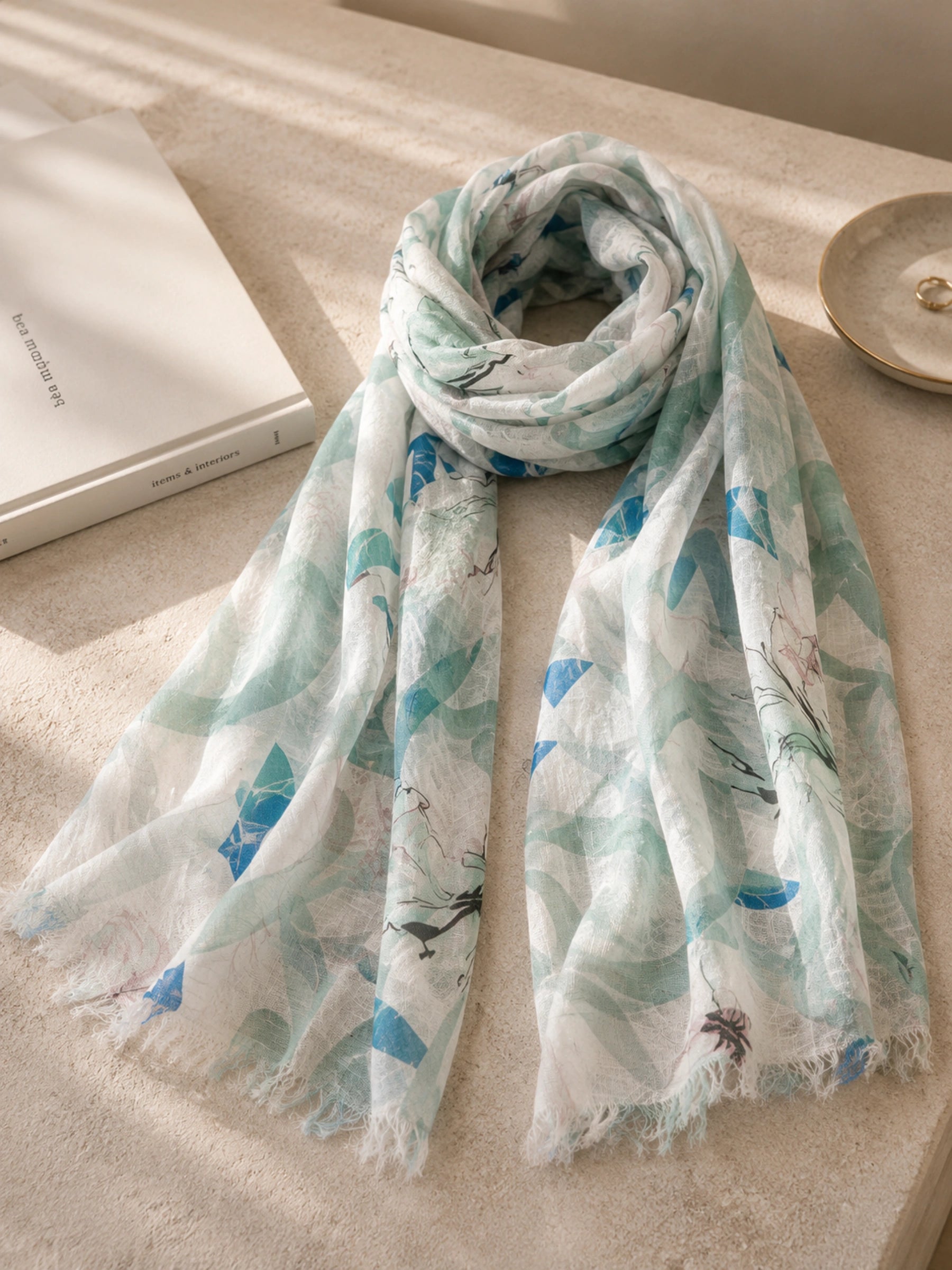 100% Linen Blue Terracotta Print Scarf