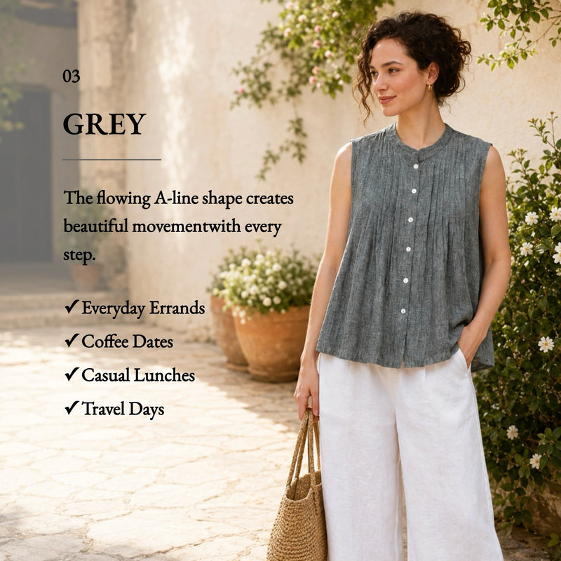 100% Linen Pleated Sleeveless Blouse