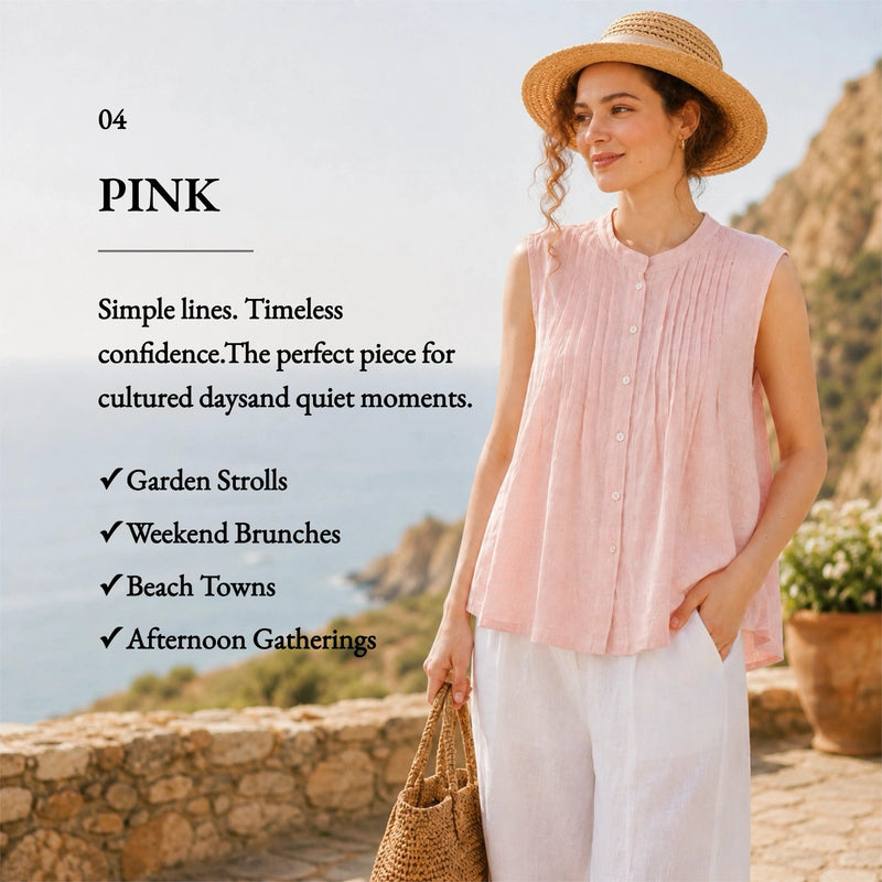 100% Linen Pleated Sleeveless Blouse