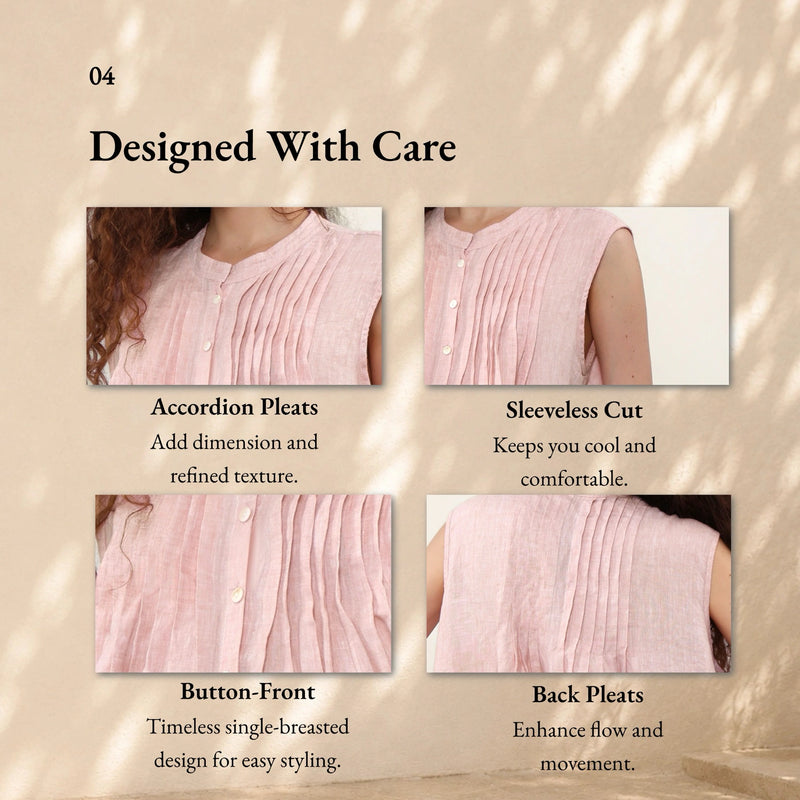 100% Linen Pleated Sleeveless Blouse